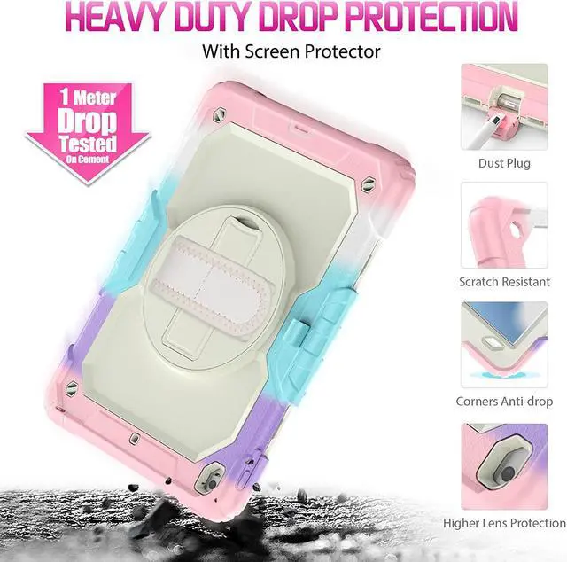 Alt view image 7 of 7 - for iPad 9th 8th 7th Generation Case, iPad Case 10.2 with Screen Protector/Pencil Holder/Rotating Hand Strap Stand, Heavy Duty Protective iPad 9/8/7 Case Cover 2021/2020/2019, Pink