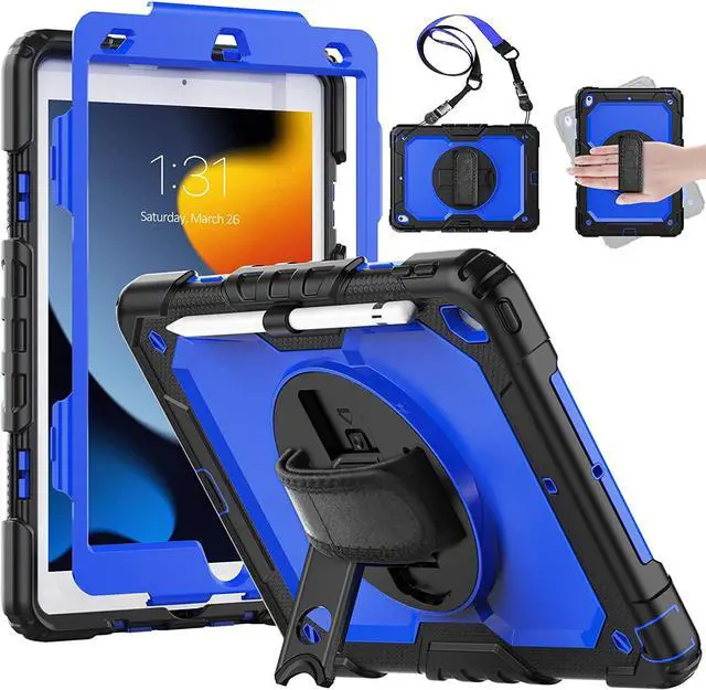 Main image of for iPad 10.2 Case, Protective iPad 9th 8th 7th Generation Case 2021/2020/2019, with Screen Protector/ 360 Rotating Hand Strap/Pencil Holder/Heavy Duty iPad 10.2 Cover, Black/Blue