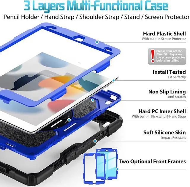 Alt view image 2 of 7 - for iPad 10.2 Case, Protective iPad 9th 8th 7th Generation Case 2021/2020/2019, with Screen Protector/ 360 Rotating Hand Strap/Pencil Holder/Heavy Duty iPad 10.2 Cover, Black/Blue