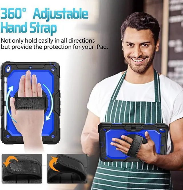 Alt view image 4 of 7 - for iPad 10.2 Case, Protective iPad 9th 8th 7th Generation Case 2021/2020/2019, with Screen Protector/ 360 Rotating Hand Strap/Pencil Holder/Heavy Duty iPad 10.2 Cover, Black/Blue
