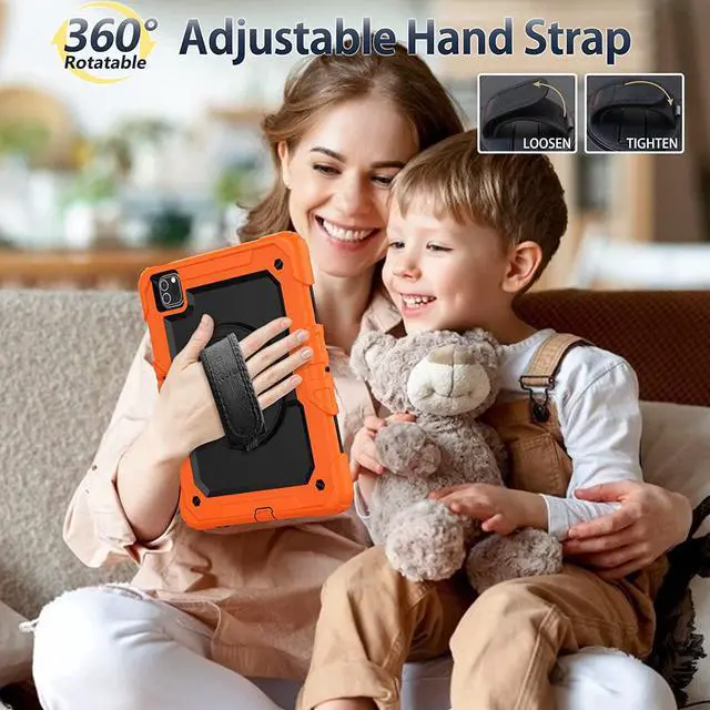 Alt view image 4 of 7 - iPad Pro 11 Inch Case (2022/2021/2020/2018) Shockproof Protective Case with Pencil Holder/Rotable Kickstand/Handle/Shoulder Strap for iPad Air 5th/4th, Kids iPad Case (Orange)