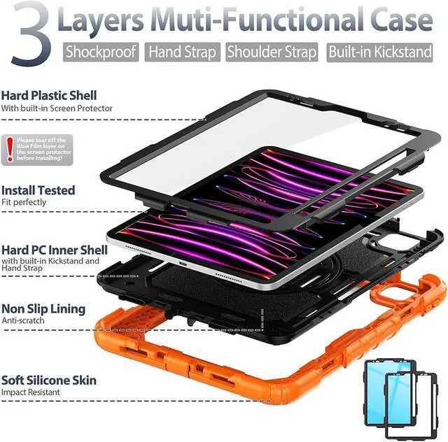 Alt view image 3 of 7 - iPad Pro 11 Inch Case (2022/2021/2020/2018) Shockproof Protective Case with Pencil Holder/Rotable Kickstand/Handle/Shoulder Strap for iPad Air 5th/4th, Kids iPad Case (Orange)