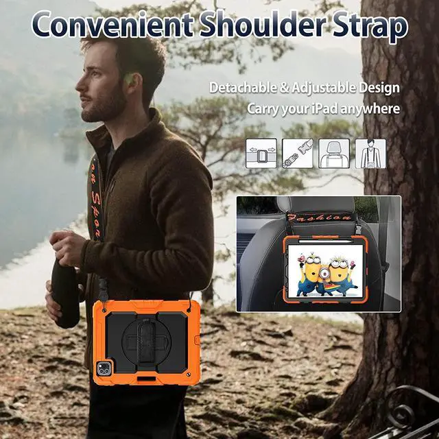 Alt view image 5 of 7 - iPad Pro 11 Inch Case (2022/2021/2020/2018) Shockproof Protective Case with Pencil Holder/Rotable Kickstand/Handle/Shoulder Strap for iPad Air 5th/4th, Kids iPad Case (Orange)