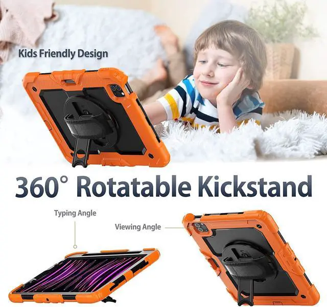 Alt view image 6 of 7 - iPad Pro 11 Inch Case (2022/2021/2020/2018) Shockproof Protective Case with Pencil Holder/Rotable Kickstand/Handle/Shoulder Strap for iPad Air 5th/4th, Kids iPad Case (Orange)