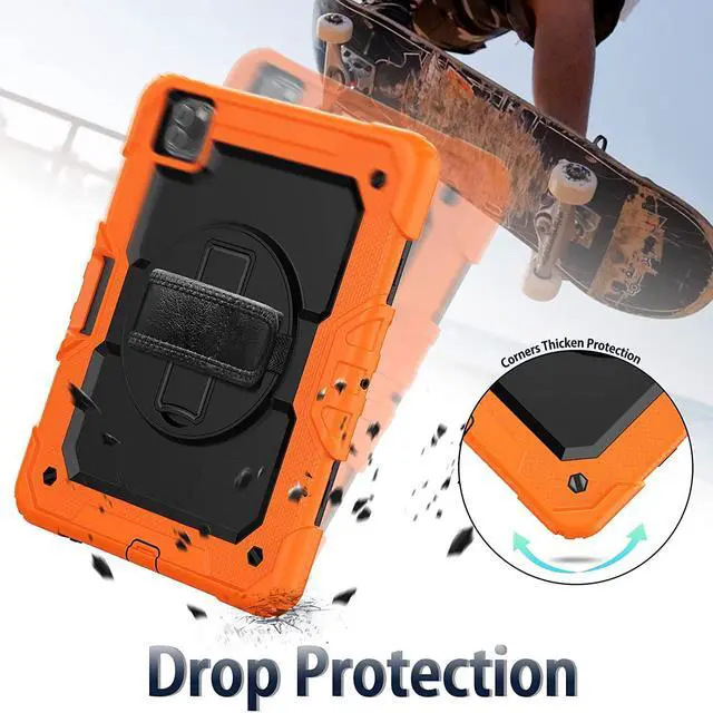 Alt view image 7 of 7 - iPad Pro 11 Inch Case (2022/2021/2020/2018) Shockproof Protective Case with Pencil Holder/Rotable Kickstand/Handle/Shoulder Strap for iPad Air 5th/4th, Kids iPad Case (Orange)