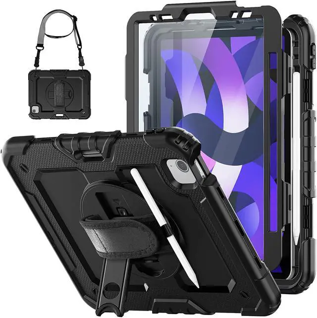 Main image of for iPad Air 5th/4th Generation case 10.9 inch with Pencil Holder, Shockproof Case with Screen Protector, Shoulder Strap, Rotating Hand Strap/Stand, Case for iPad Air 5/4 2022/2020, Black