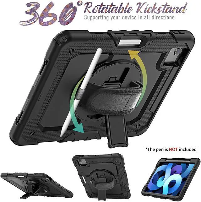 Alt view image 3 of 7 - for iPad Air 5th/4th Generation case 10.9 inch with Pencil Holder, Shockproof Case with Screen Protector, Shoulder Strap, Rotating Hand Strap/Stand, Case for iPad Air 5/4 2022/2020, Black