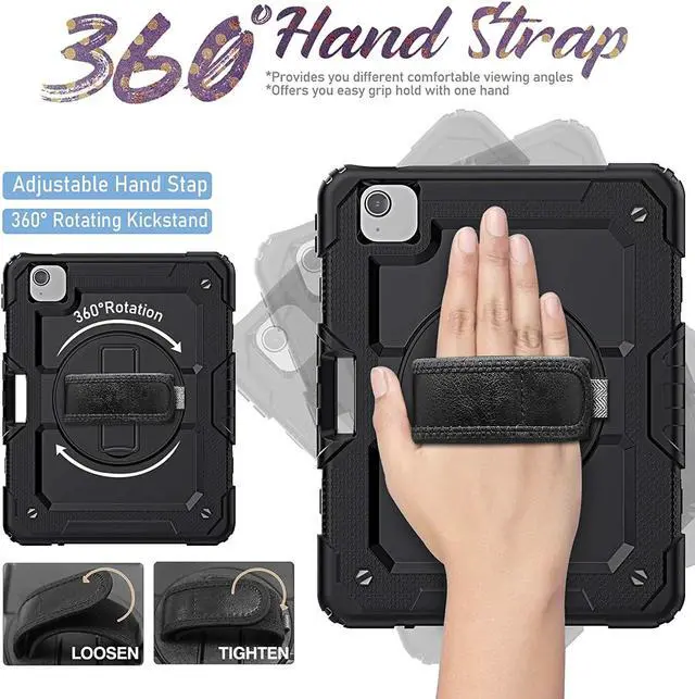 Alt view image 4 of 7 - for iPad Air 5th/4th Generation case 10.9 inch with Pencil Holder, Shockproof Case with Screen Protector, Shoulder Strap, Rotating Hand Strap/Stand, Case for iPad Air 5/4 2022/2020, Black