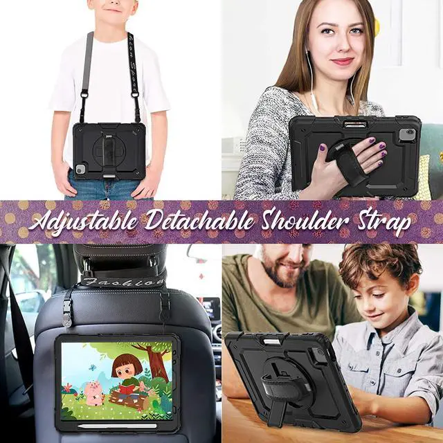 Alt view image 5 of 7 - for iPad Air 5th/4th Generation case 10.9 inch with Pencil Holder, Shockproof Case with Screen Protector, Shoulder Strap, Rotating Hand Strap/Stand, Case for iPad Air 5/4 2022/2020, Black