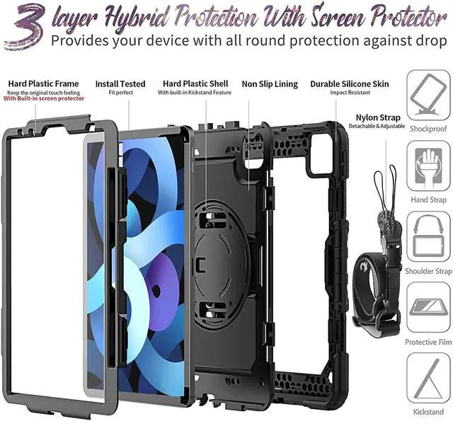 Alt view image 6 of 7 - for iPad Air 5th/4th Generation case 10.9 inch with Pencil Holder, Shockproof Case with Screen Protector, Shoulder Strap, Rotating Hand Strap/Stand, Case for iPad Air 5/4 2022/2020, Black