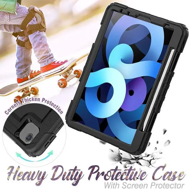 Alt view image 7 of 7 - for iPad Air 5th/4th Generation case 10.9 inch with Pencil Holder, Shockproof Case with Screen Protector, Shoulder Strap, Rotating Hand Strap/Stand, Case for iPad Air 5/4 2022/2020, Black