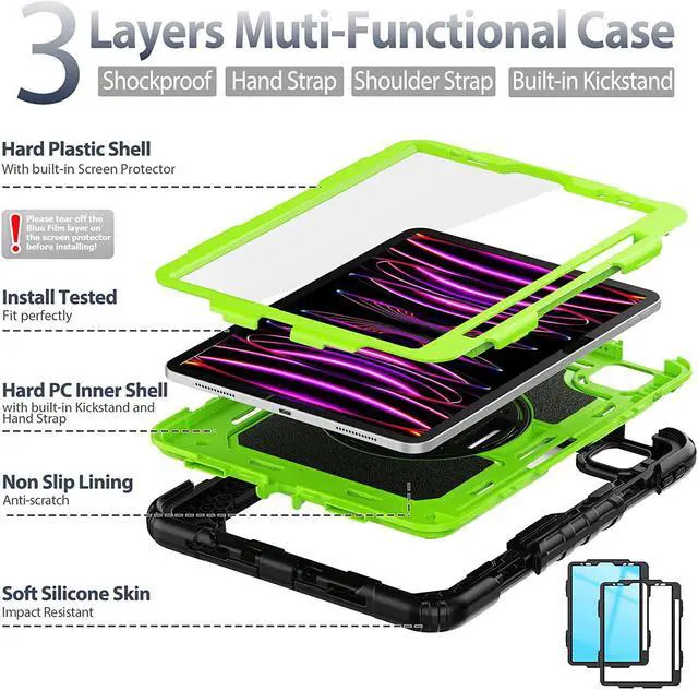 Alt view image 3 of 7 - for iPad Pro 11 inch Case Kids (2022/2021/2020/2018) with Screen Protector / 360 Rotating Hand Strap Stand/Pencil Holder, [3-Layer] Protective iPad 11 Case Pro 4th/3rd/2nd/1st, Green