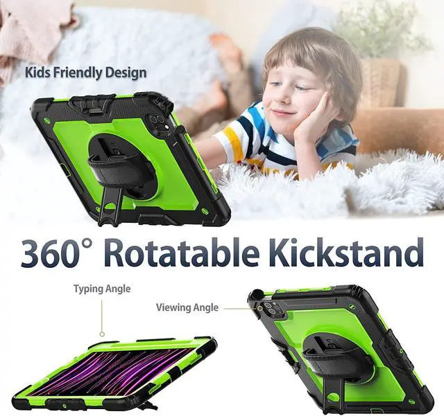 Alt view image 6 of 7 - for iPad Pro 11 inch Case Kids (2022/2021/2020/2018) with Screen Protector / 360 Rotating Hand Strap Stand/Pencil Holder, [3-Layer] Protective iPad 11 Case Pro 4th/3rd/2nd/1st, Green