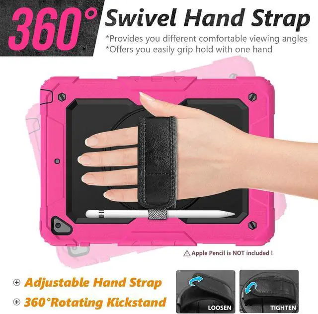 Alt view image 3 of 7 - Case Compatible with iPad Air 2 & iPad 6th/5th Generation 9.7", Shockproof Full Body Protective Case with Screen Protector Pen Holder, 360 Rotating Stand Hand Strap for iPad 9.7 Inch - Pink