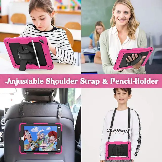 Alt view image 5 of 7 - Case Compatible with iPad Air 2 & iPad 6th/5th Generation 9.7", Shockproof Full Body Protective Case with Screen Protector Pen Holder, 360 Rotating Stand Hand Strap for iPad 9.7 Inch - Pink