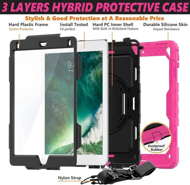 Alt view image 4 of 7 - Case Compatible with iPad Air 2 & iPad 6th/5th Generation 9.7", Shockproof Full Body Protective Case with Screen Protector Pen Holder, 360 Rotating Stand Hand Strap for iPad 9.7 Inch - Pink