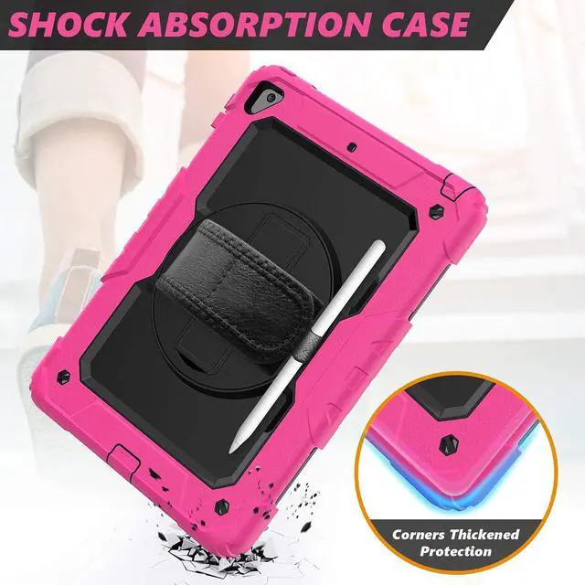 Alt view image 6 of 7 - Case Compatible with iPad Air 2 & iPad 6th/5th Generation 9.7", Shockproof Full Body Protective Case with Screen Protector Pen Holder, 360 Rotating Stand Hand Strap for iPad 9.7 Inch - Pink