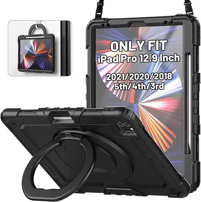 Main image of for iPad Pro 12.9 inch 5th Gen Case 2021 with Screen Protector Pencil Holder, Duty Shockproof Cover,360°Rotating and 180°Folding Hand Grip for iPad Pro 12.9 inch 4th/3rd 2020/2018 case,Black