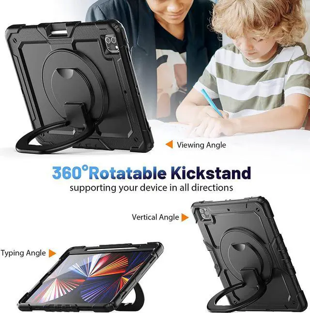 Alt view image 5 of 7 - for iPad Pro 12.9 inch 5th Gen Case 2021 with Screen Protector Pencil Holder, Duty Shockproof Cover,360°Rotating and 180°Folding Hand Grip for iPad Pro 12.9 inch 4th/3rd 2020/2018 case,Black