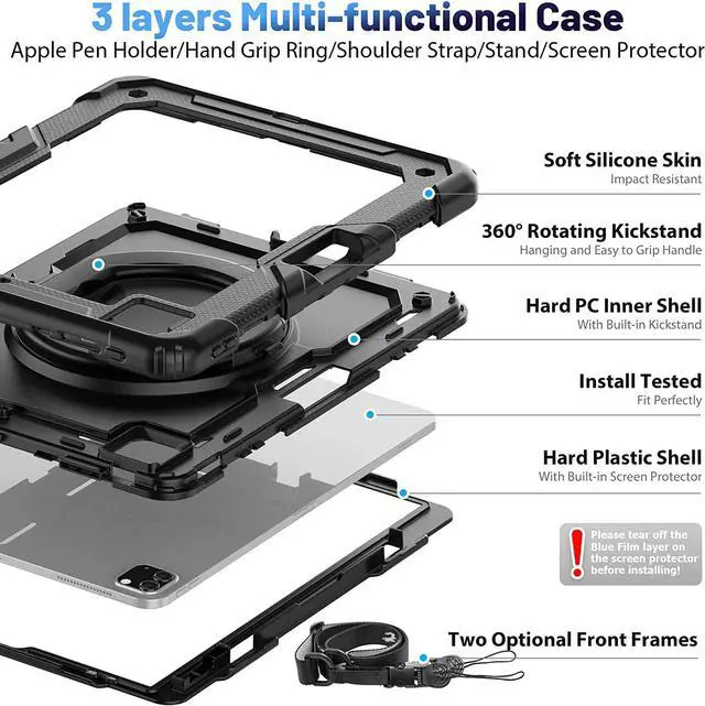 Alt view image 6 of 7 - for iPad Pro 12.9 inch 5th Gen Case 2021 with Screen Protector Pencil Holder, Duty Shockproof Cover,360°Rotating and 180°Folding Hand Grip for iPad Pro 12.9 inch 4th/3rd 2020/2018 case,Black