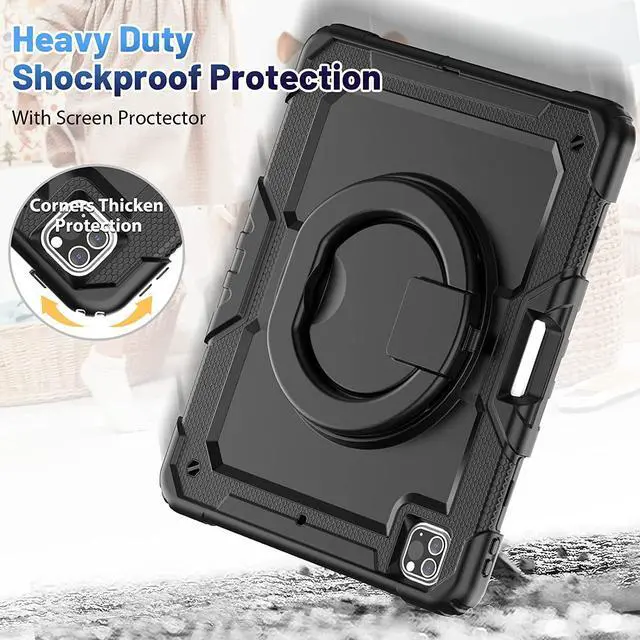 Alt view image 7 of 7 - for iPad Pro 12.9 inch 5th Gen Case 2021 with Screen Protector Pencil Holder, Duty Shockproof Cover,360°Rotating and 180°Folding Hand Grip for iPad Pro 12.9 inch 4th/3rd 2020/2018 case,Black