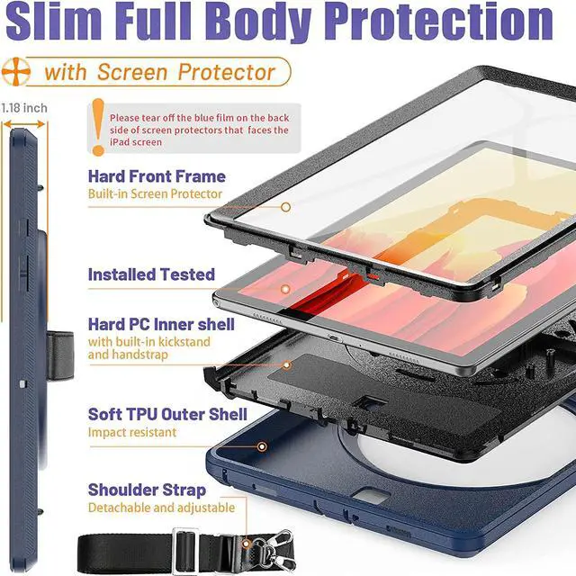 Alt view image 3 of 7 - Samsung Galaxy Tab A7 Case 10.4" 2020(SM-T500/SM-T505/SM-T507), Shockproof Protective Case with Screen Protector Pen Holder, Swivel Hand Strap/Stand for Samsung Tab A7 (10.4 inch), Navy Blue