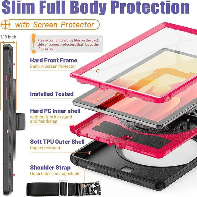 Alt view image 3 of 7 - Samsung Galaxy Tab A7 Case 10.4 Inch 2020 with Screen Protector Pen Holder, [360 Degree Swivel Stand & Hand Strap]&Shoulder Strap, Shockproof Durable Case for Samsung SM-T500/T505/T507, Pink
