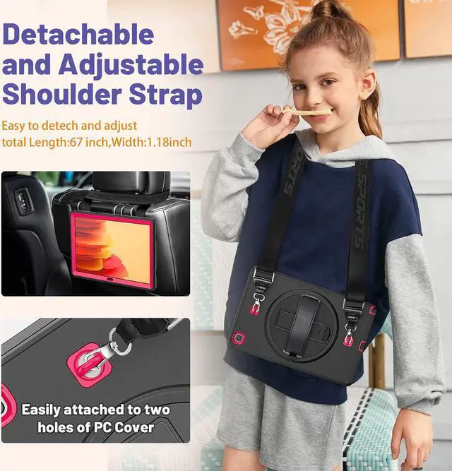 Alt view image 4 of 7 - Samsung Galaxy Tab A7 Case 10.4 Inch 2020 with Screen Protector Pen Holder, [360 Degree Swivel Stand & Hand Strap]&Shoulder Strap, Shockproof Durable Case for Samsung SM-T500/T505/T507, Pink