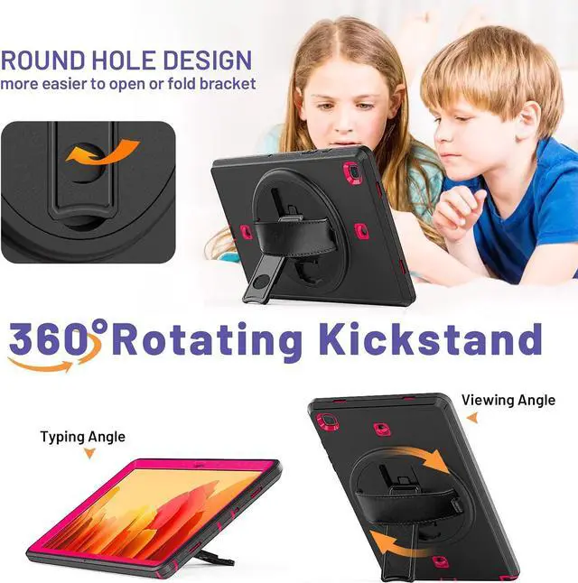 Alt view image 5 of 7 - Samsung Galaxy Tab A7 Case 10.4 Inch 2020 with Screen Protector Pen Holder, [360 Degree Swivel Stand & Hand Strap]&Shoulder Strap, Shockproof Durable Case for Samsung SM-T500/T505/T507, Pink