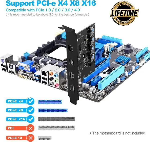 Alt view image 3 of 7 - PCIe Gen3 x2 USB 3.2 / 3.1 Card ASM3142- PCI Express to 4-Port Type C HUB Internal Expansion Card Controller Adapter PCI Express Card Desktop PC Support Multiple INs