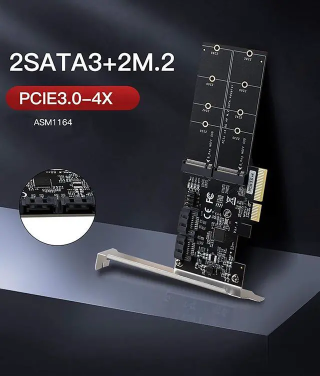 Alt view image 2 of 7 - 4in1 Dual M.2 NGFF (B Key) SSD+ Dual SATAIII 6G SSD/HDD to PCI Express 4X Converter Adapter with Low Profile Bracket for Desktop PC