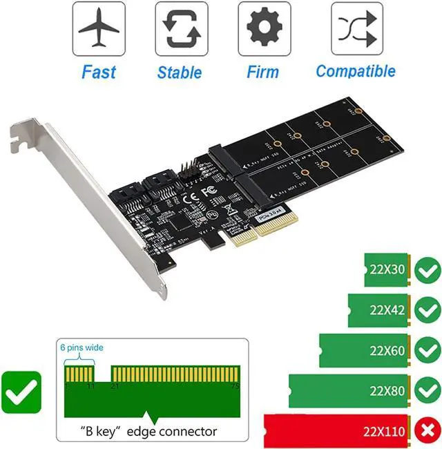 Alt view image 4 of 7 - 4in1 Dual M.2 NGFF (B Key) SSD+ Dual SATAIII 6G SSD/HDD to PCI Express 4X Converter Adapter with Low Profile Bracket for Desktop PC
