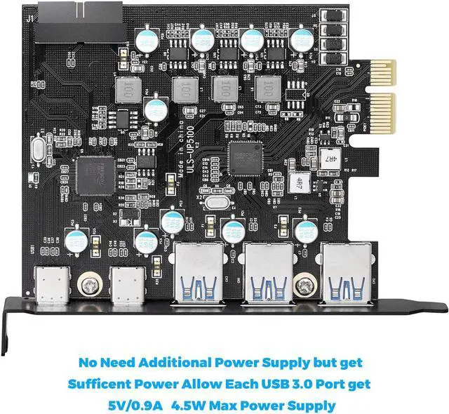 Alt view image 4 of 7 - PCI-E to Type C (2), Type A (3) USB 3.0 5-Port PCI Express Expansion Card with Internal USB 3.0 19-Pin Connector for Windows Mac Pro (UP5100)