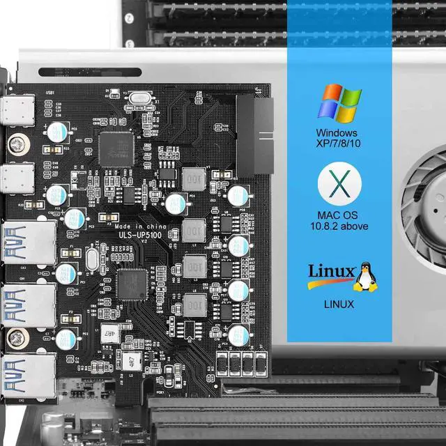 Alt view image 5 of 7 - PCI-E to Type C (2), Type A (3) USB 3.0 5-Port PCI Express Expansion Card with Internal USB 3.0 19-Pin Connector for Windows Mac Pro (UP5100)