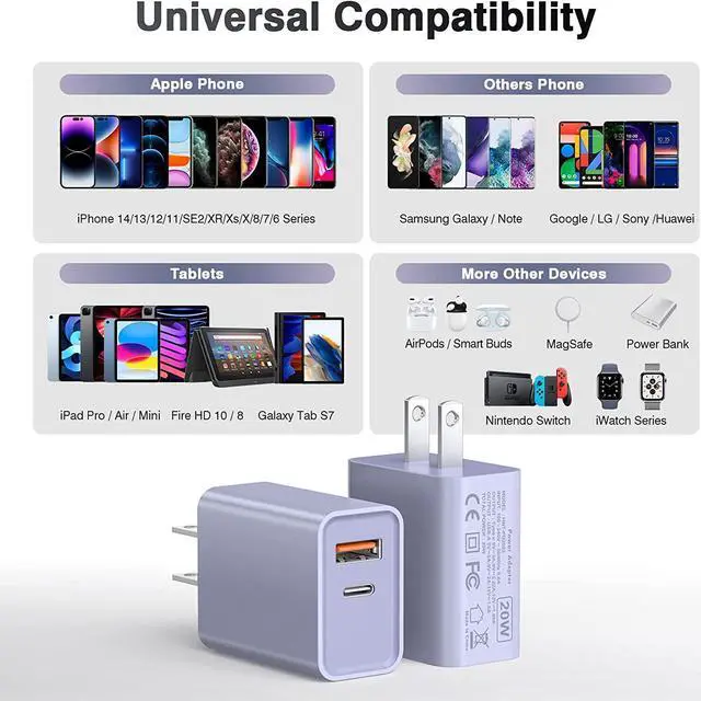 Alt view image 3 of 6 - [2 Pack] USB-C Wall Charger, 20W Dual Port QC+PD3.0 Power Adapter, Double Fast Plug Charging Block for Samsung Galaxy S22 S21/S21+/S21Ultra/S20/S20+/S20 FE/Note 20Ultra, iPhone 13/14 Brick Box, Purple - OEM