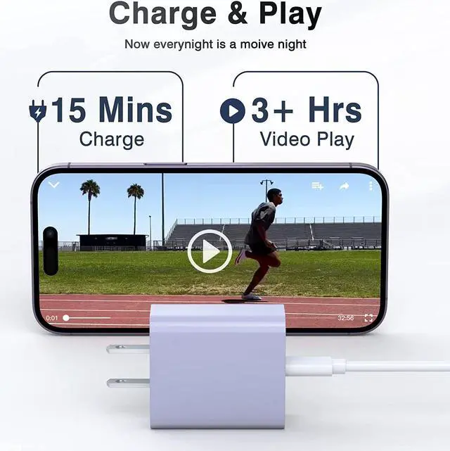 Alt view image 6 of 6 - [2 Pack] USB-C Wall Charger, 20W Dual Port QC+PD3.0 Power Adapter, Double Fast Plug Charging Block for Samsung Galaxy S22 S21/S21+/S21Ultra/S20/S20+/S20 FE/Note 20Ultra, iPhone 13/14 Brick Box, Purple - OEM