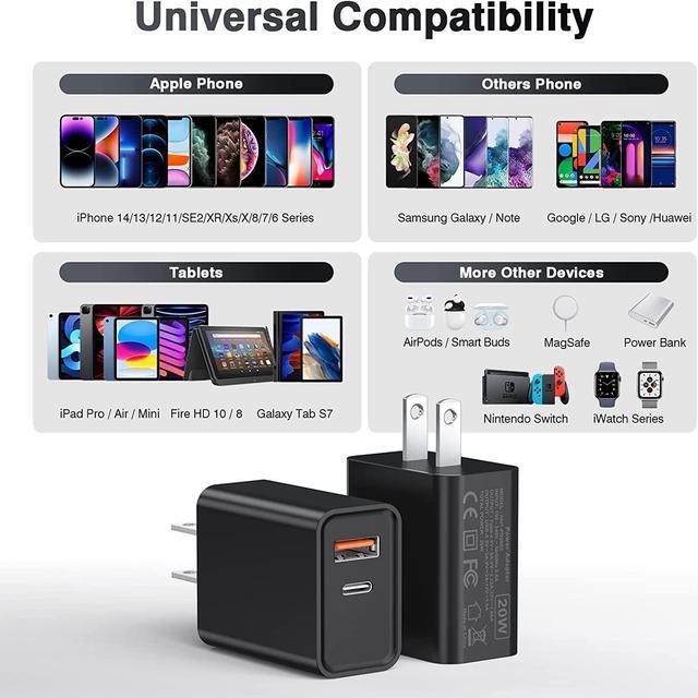 Alt view image 3 of 6 - USB C Wall Charger Block 20W, 3-Pack Dual Port PD Power Delivery Fast Type C Charging Block Plug Adapter for iPhone 13/12/11 /Pro Max, XS/XR/X, iPad Pro, AirPods Pro, Samsung Galaxy and More(Black) - OEM
