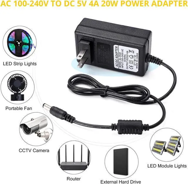 Alt view image 7 of 7 - DC 5V 4A Power Adapter, AC 100-240V to DC 5 Volt 4 Amp 20W Power Supply 5V 4000mA Switching Transformer AC to DC Converter, 5.5x2.5mm DC Jack Also Compatible with 5.5x2.1mm Plug - OEM