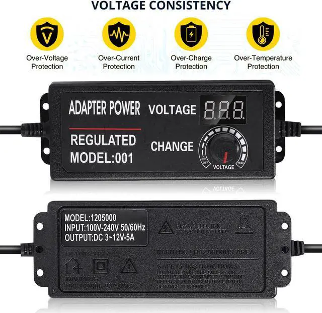 Alt view image 5 of 7 - 3V-12V 5A 60W Adjustable Power Supply with LED Display, Variable DC 3V 5V 6V 9V 12V Universal AC/DC Adapter, 100V-240V AC to DC 3-12V Switching Power Converter Multi-Voltage Regulated Adaptor - OEM