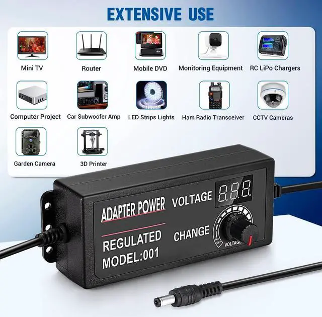 Alt view image 3 of 7 - 3V-12V 5A 60W Adjustable Power Supply with LED Display, Variable DC 3V 5V 6V 9V 12V Universal AC/DC Adapter, 100V-240V AC to DC 3-12V Switching Power Converter Multi-Voltage Regulated Adaptor - OEM