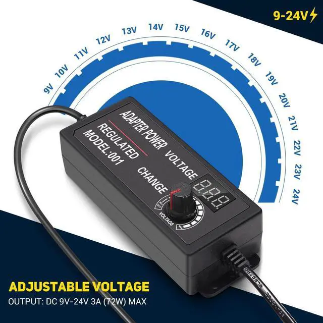 Alt view image 4 of 7 - 9V-24V 3A 72W Adjustable Power Adapter with LED Display, Multi-Voltage 100V-240V AC to DC 9V 12V 15V 16V 18V 19V 20V Universal AC/DC Variable Power Supply, Various Voltage AC to DC Converter - OEM