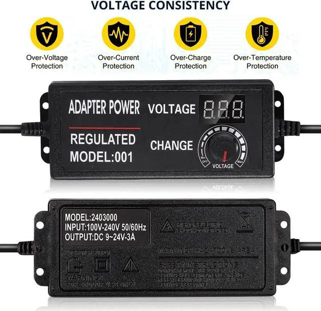 Alt view image 5 of 7 - 9V-24V 3A 72W Adjustable Power Adapter with LED Display, Multi-Voltage 100V-240V AC to DC 9V 12V 15V 16V 18V 19V 20V Universal AC/DC Variable Power Supply, Various Voltage AC to DC Converter - OEM