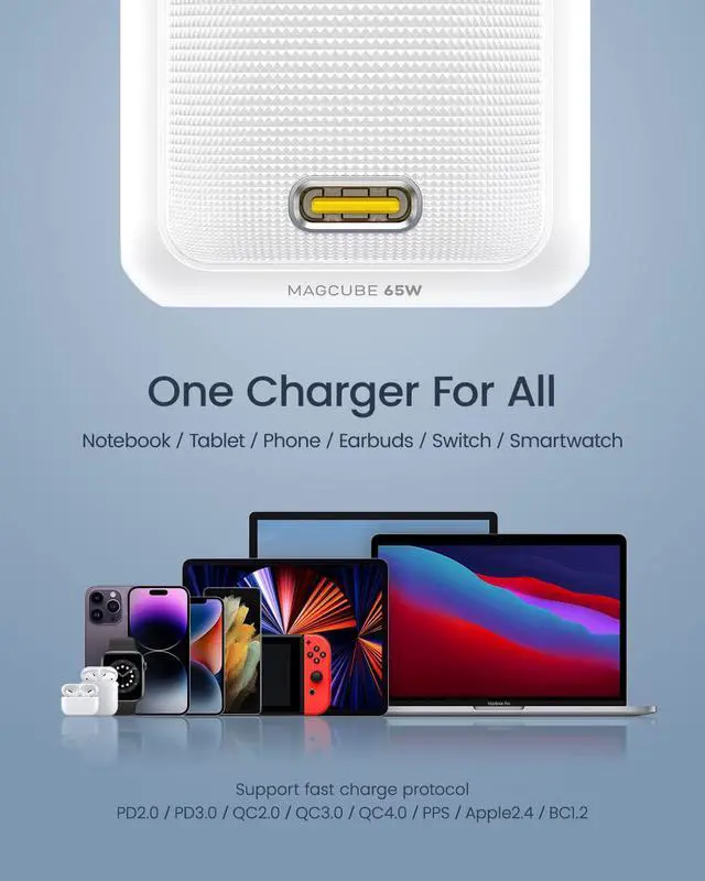 Alt view image 2 of 7 - AOHI 65W PD USB C Charger, GaN+ Magcube Mini Fast Wall Charger Power Adapter for iPhone 14/Plus/Pro/Pro Max/iPhone 13 Pro Max/12 Serise, Notebook MacBook Pro/Air, Galaxy S22/S21, White - OEM