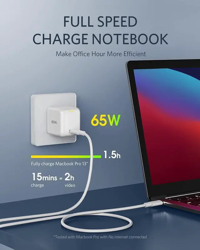Alt view image 3 of 7 - AOHI 65W PD USB C Charger, GaN+ Magcube Mini Fast Wall Charger Power Adapter for iPhone 14/Plus/Pro/Pro Max/iPhone 13 Pro Max/12 Serise, Notebook MacBook Pro/Air, Galaxy S22/S21, White - OEM