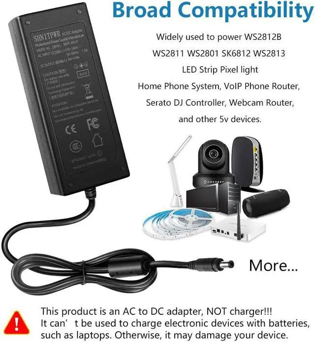 Alt view image 6 of 7 - 5V Power Supply 5 Volt 10A 50W AC 100V ~ 240V to DC Power Adapter Converter Transformer 5.5x2.5mm Plug for WS2812B WS2811 LED Pixel Strip Light Controller Raspberry Pi Webcam Router USB-HUB - OEM