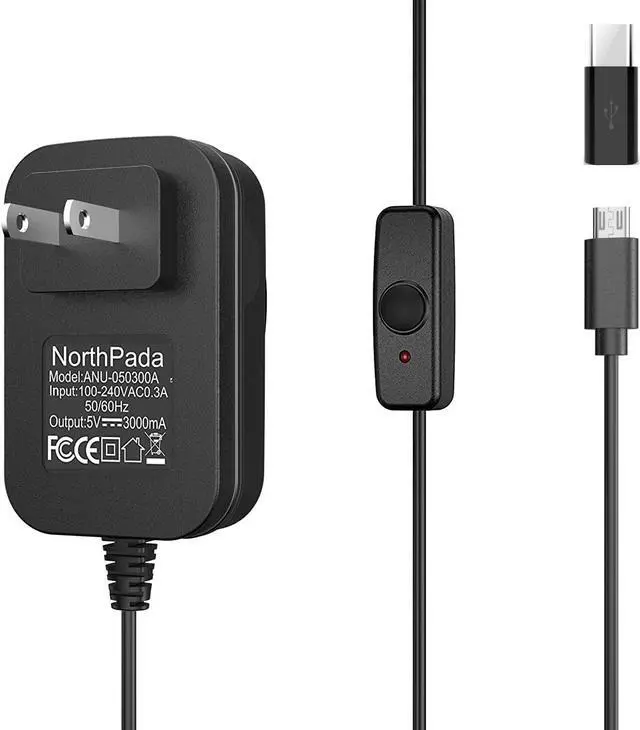Main image of Raspberry Pi 3 Model B B+ A+ Plus Power Supply Charger AC Adapter Cord 5V 3A PSU Micro USB 5 Feet with Power On/Off Switch, with a USB C Adapter for Raspberry Pi 4 Model B, Pi 400 - OEM