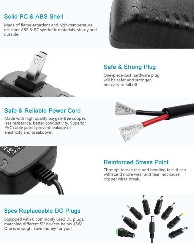 Alt view image 3 of 7 - 5V 3A Power Supply DC 5 Volt 15W 3000mA 2.5A 2A 1A Power Adapter Converter with 5.5x2.5mm 5.5x2.1mm 4.0x1.7mm 3.5x1.35mm 3.0x1.1mm 2.5x0.7mm Micro-USB Type-C Tips for Raspberry?Pi 3 4 USB-HUB - OEM