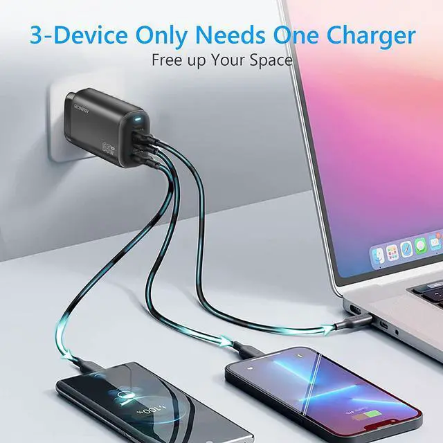 Alt view image 3 of 7 - 65W Wall Charger, Geceninov GaN Charger, Latest GaN III Chip, 3-Port USB C Charger with 5ft USB-C Cable for MacBook Pro/Air, iPad Pro/Air, iPhone 14/13/12 Mini/Pro/Max, S22/S21/S20, Pixel 6/5 and more - OEM