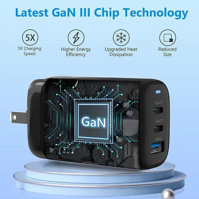 Alt view image 5 of 7 - 65W Wall Charger, Geceninov GaN Charger, Latest GaN III Chip, 3-Port USB C Charger with 5ft USB-C Cable for MacBook Pro/Air, iPad Pro/Air, iPhone 14/13/12 Mini/Pro/Max, S22/S21/S20, Pixel 6/5 and more - OEM