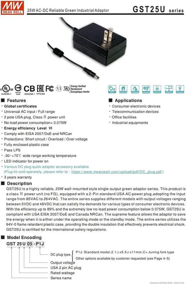 Alt view image 5 of 7 - MW Mean Well Wall-Mounted Adaptor GST25U05/07/09/12/15/18/24/28/48-P1J Industrial US-Type General Size Reliable Green Adaptor (GST25U18-P1J) - OEM